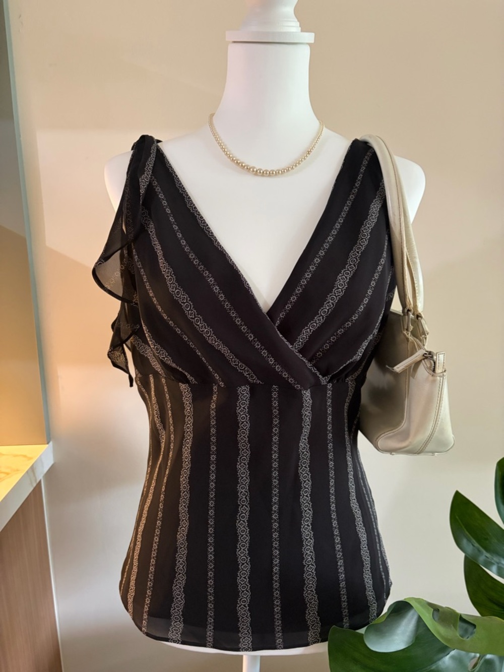 LOFT Black One-Shoulder Striped Wrap-Style Dress Top
